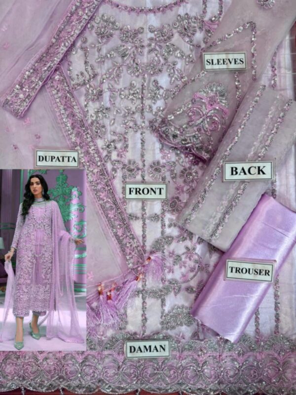 BRAND….LAAM Unstitch suit  FABRIC  Full NET Suit With SATIN SILK Trouser   DETAILS  Front Full Embroidered With Sequence & Attached Pulse  Cutwork Daman With Fancy Tussles Attached   Back Embroidered With Sequence   Sleeves Full Embroidered - Image 3
